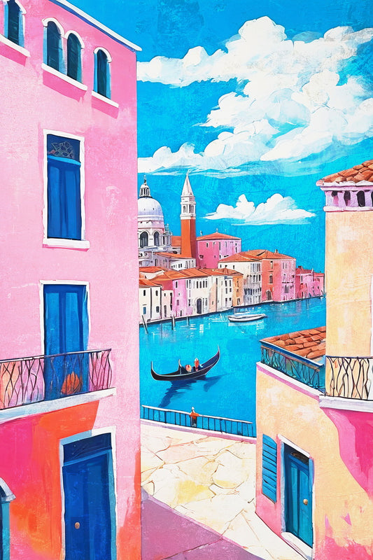 Sunny Italian Street Poster Wall Art Print Pink Blue Accents Colorful Mediterranean Style Preppy Travel Decor - xonomax
