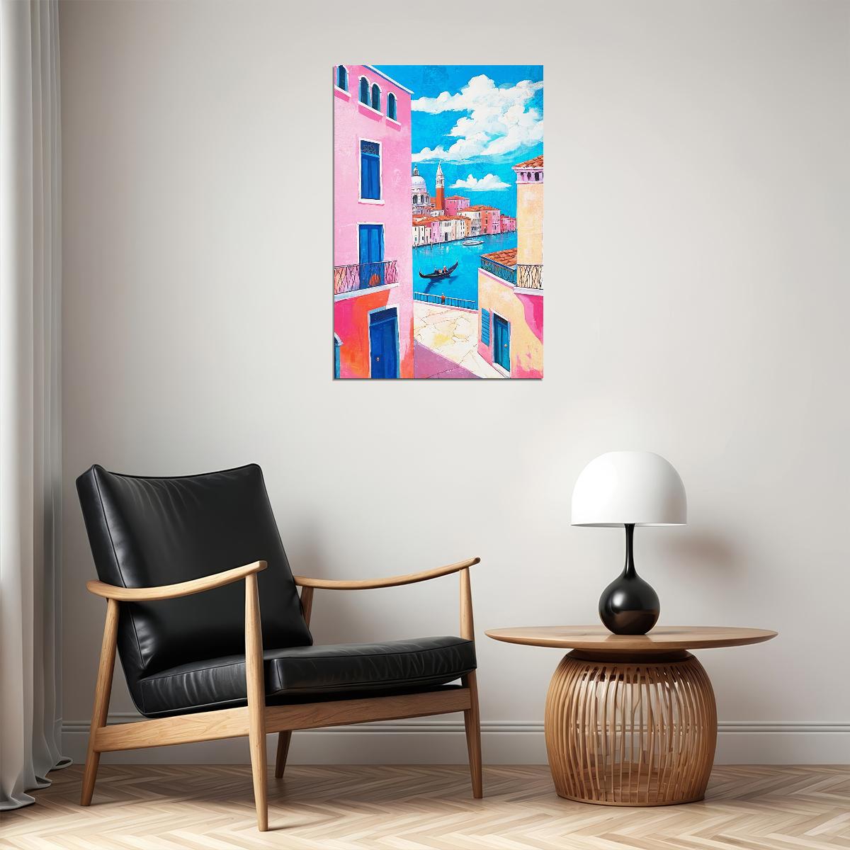 Sunny Italian Street Poster Wall Art Print Pink Blue Accents Colorful Mediterranean Style Preppy Travel Decor - xonomax