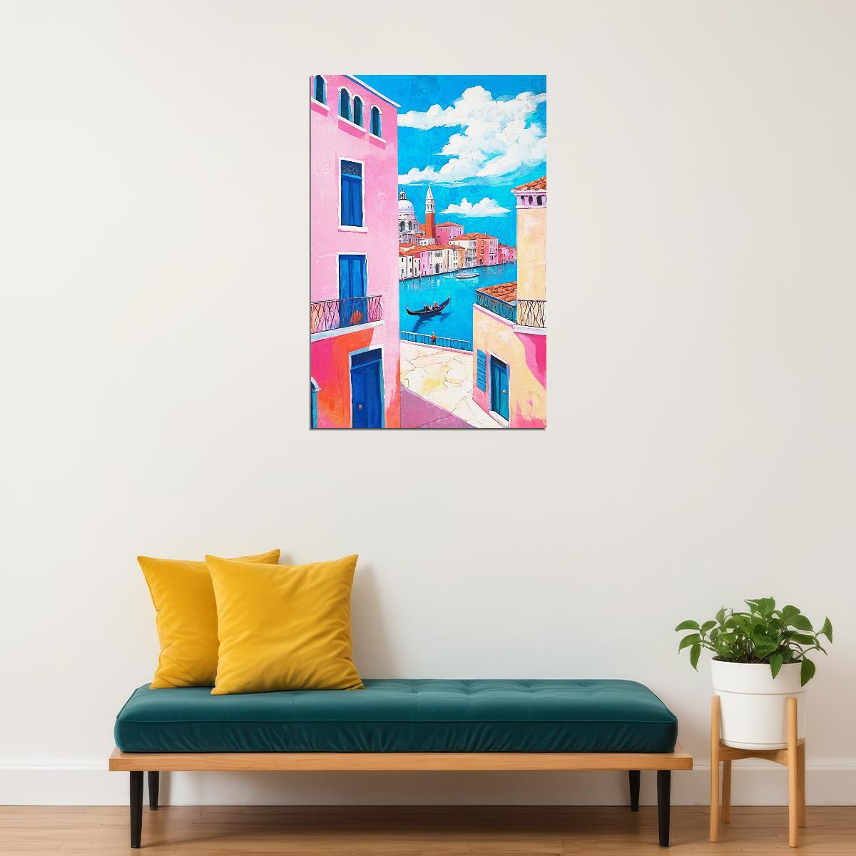 Sunny Italian Street Poster Wall Art Print Pink Blue Accents Colorful Mediterranean Style Preppy Travel Decor - xonomax