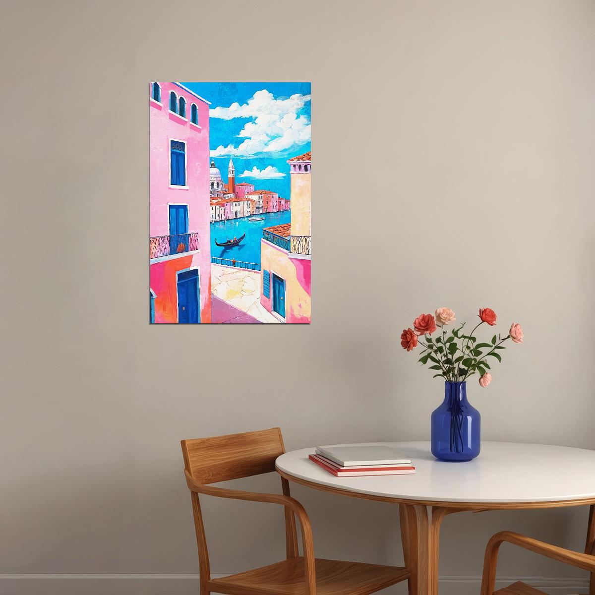 Sunny Italian Street Poster Wall Art Print Pink Blue Accents Colorful Mediterranean Style Preppy Travel Decor - xonomax