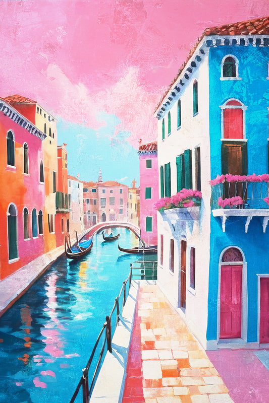 Italian Canal View Poster Wall Art Print Pink Blue Buildings Vibrant Mediterranean Decor Coquette Style Home Accent - xonomax