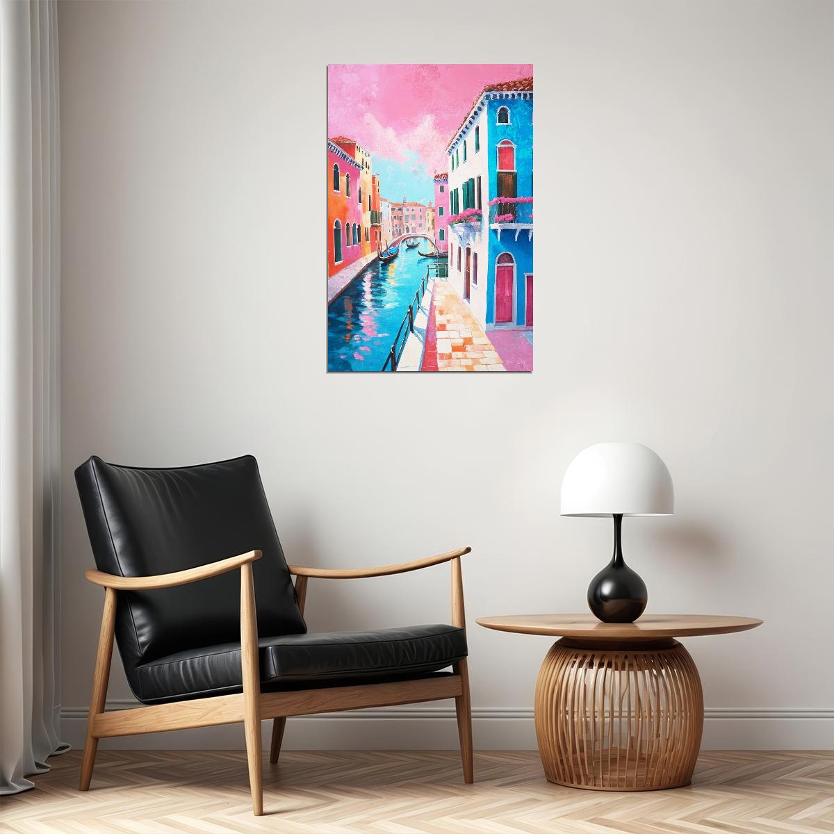 Italian Canal View Poster Wall Art Print Pink Blue Buildings Vibrant Mediterranean Decor Coquette Style Home Accent - xonomax