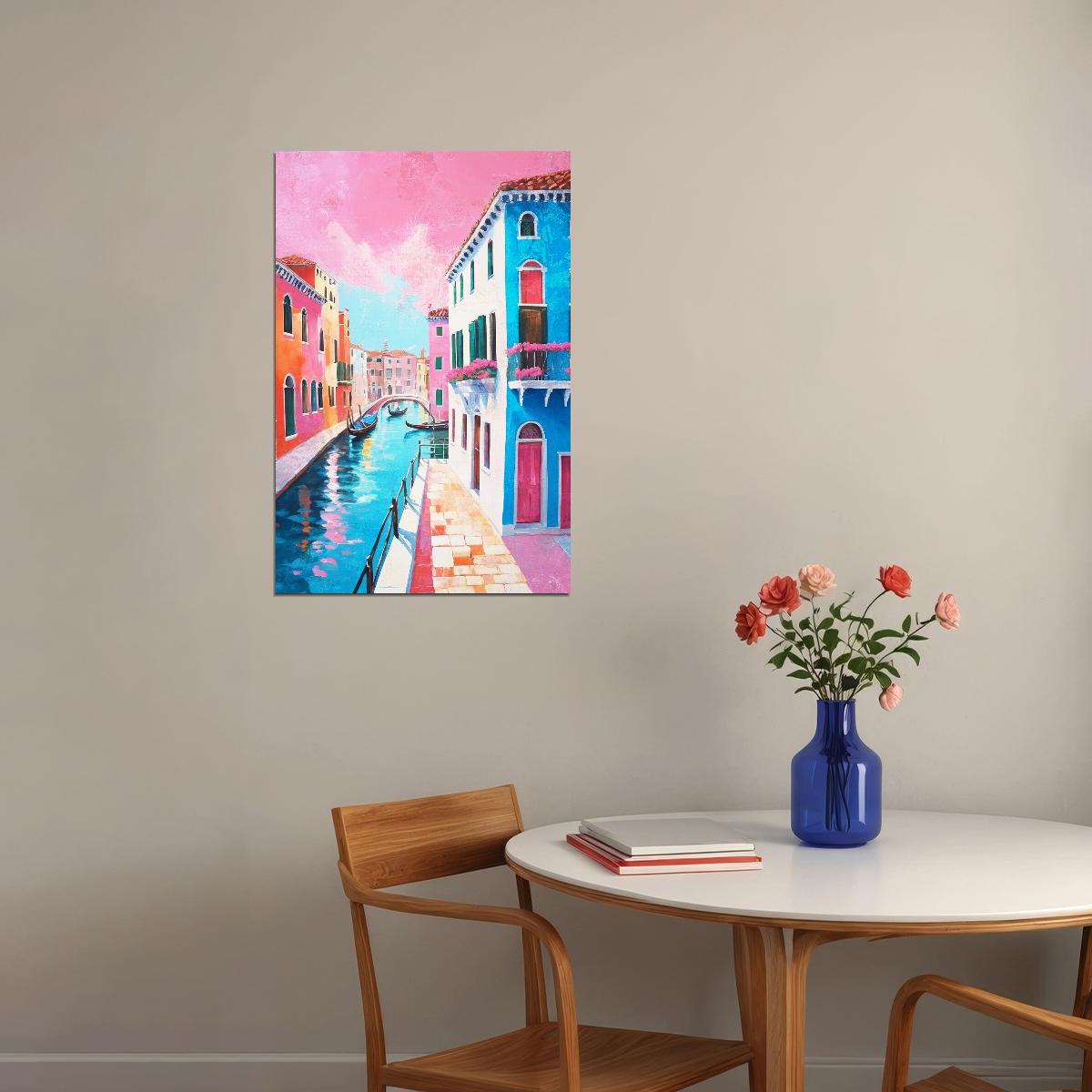 Italian Canal View Poster Wall Art Print Pink Blue Buildings Vibrant Mediterranean Decor Coquette Style Home Accent - xonomax