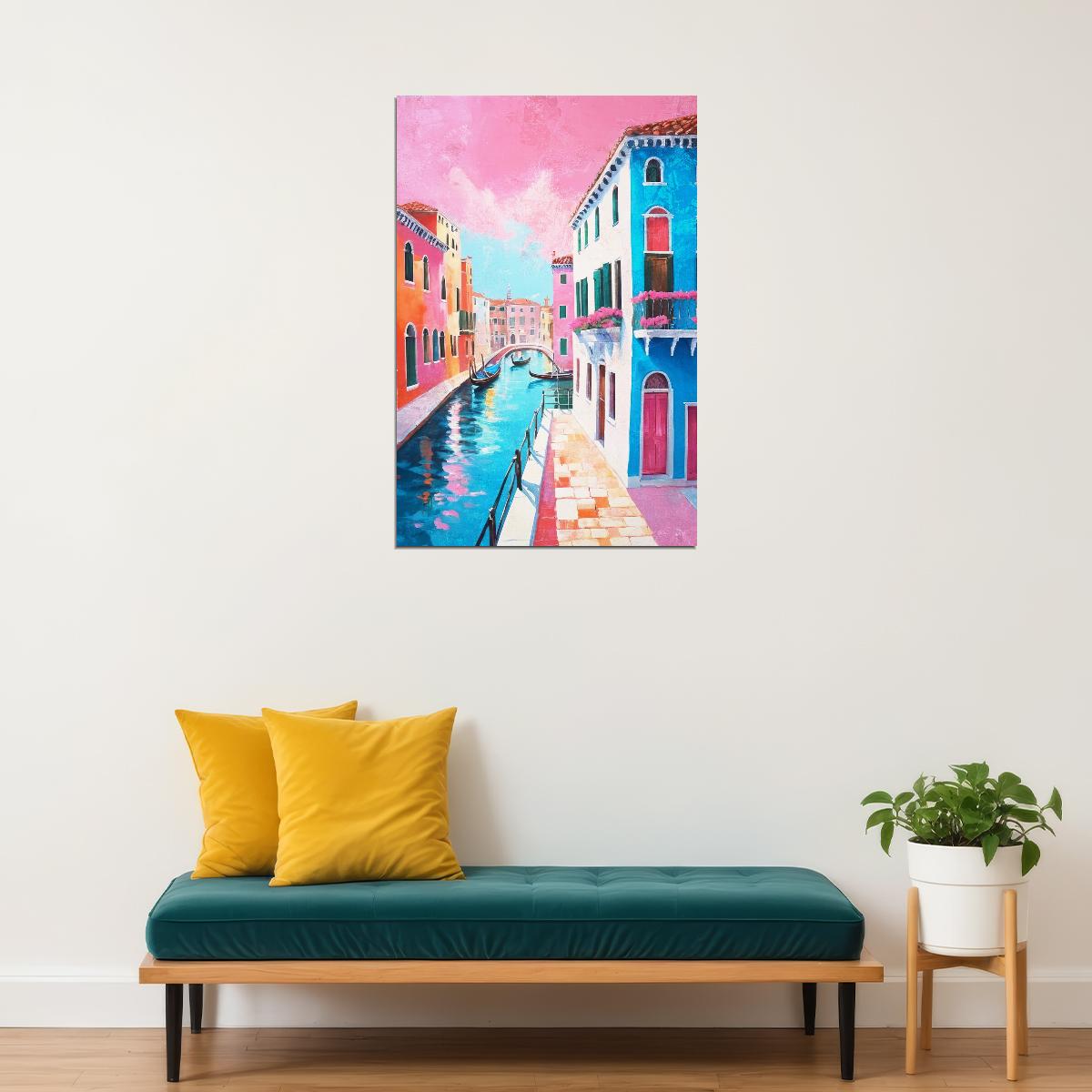 Italian Canal View Poster Wall Art Print Pink Blue Buildings Vibrant Mediterranean Decor Coquette Style Home Accent - xonomax