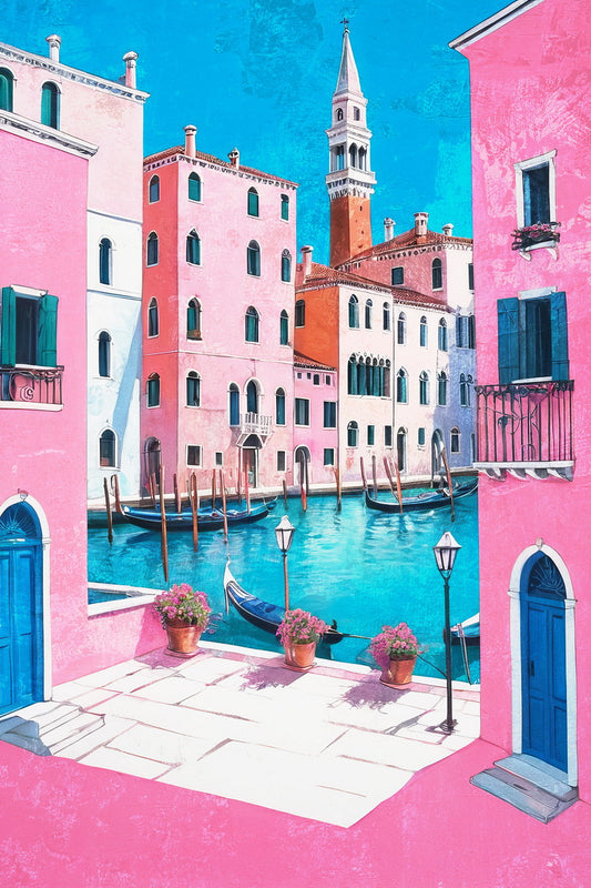 Classic Italian Canal Poster Wall Art Print Pink Blue Accents Charming Mediterranean Decor Perfect for Travel Lovers - xonomax