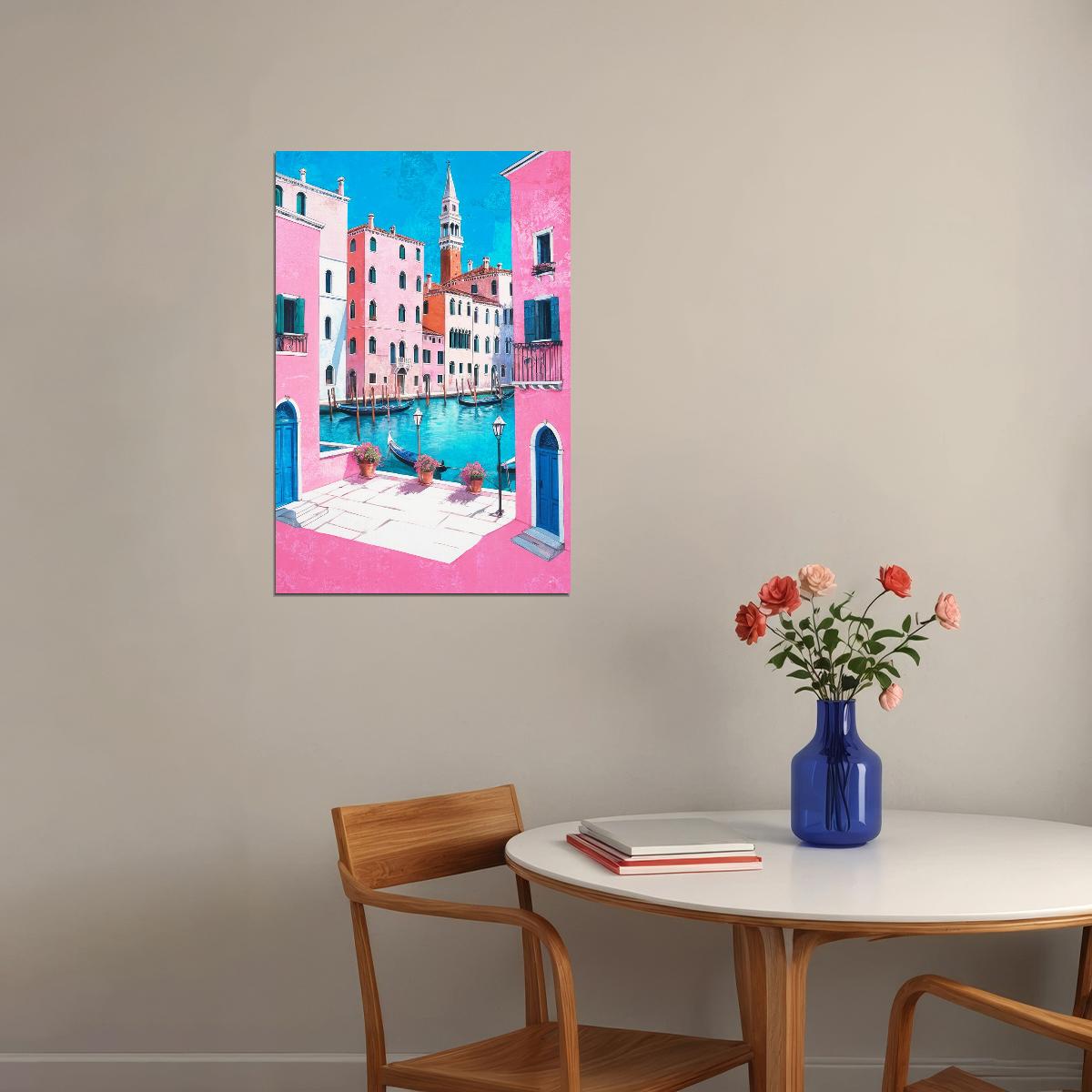 Classic Italian Canal Poster Wall Art Print Pink Blue Accents Charming Mediterranean Decor Perfect for Travel Lovers - xonomax