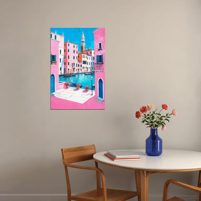 Classic Italian Canal Poster Wall Art Print Pink Blue Accents Charming Mediterranean Decor Perfect for Travel Lovers - xonomax