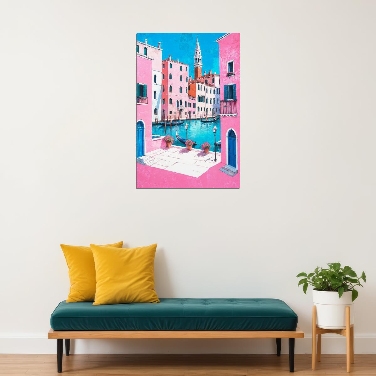 Classic Italian Canal Poster Wall Art Print Pink Blue Accents Charming Mediterranean Decor Perfect for Travel Lovers - xonomax