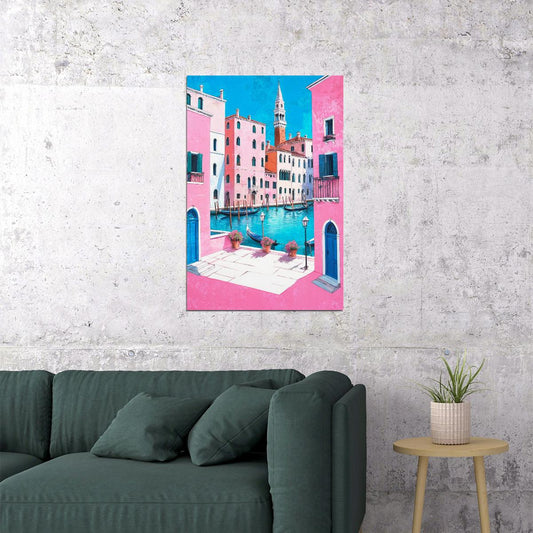 Classic Italian Canal Poster Wall Art Print Pink Blue Accents Charming Mediterranean Decor Perfect for Travel Lovers - xonomax