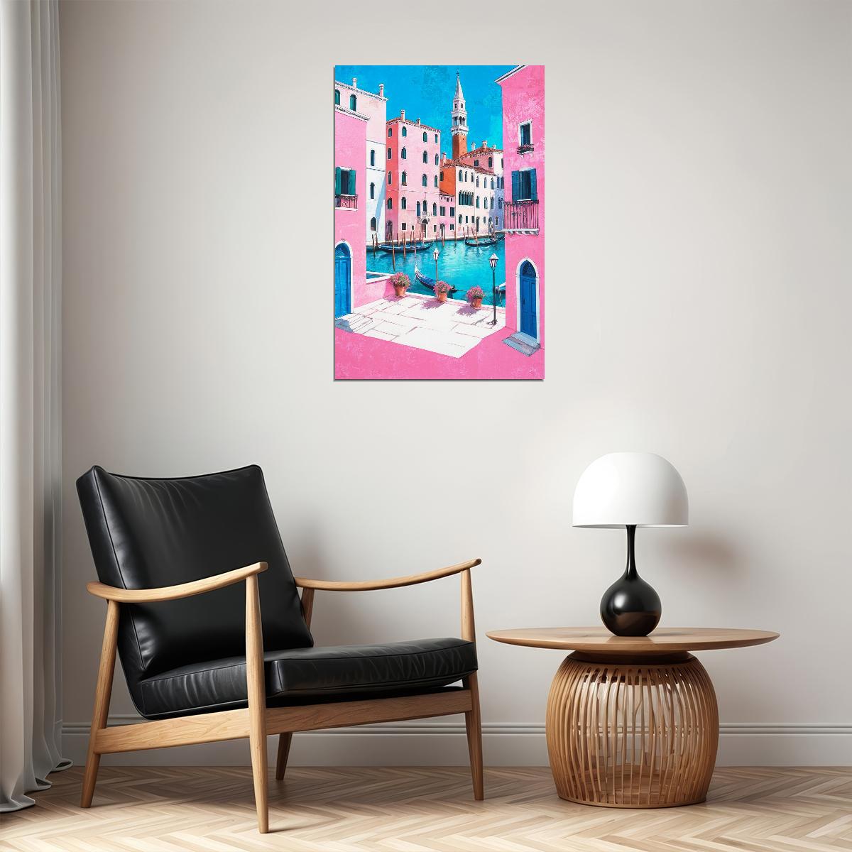 Classic Italian Canal Poster Wall Art Print Pink Blue Accents Charming Mediterranean Decor Perfect for Travel Lovers - xonomax