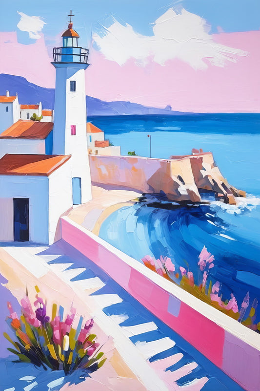 Lighthouse by the Sea Poster Wall Art Print Coastal Blue Pink Landscape Decor Mediterranean Travel-Inspired Style - xonomax