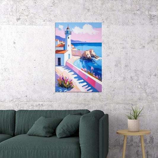 Lighthouse by the Sea Poster Wall Art Print Coastal Blue Pink Landscape Decor Mediterranean Travel-Inspired Style - xonomax