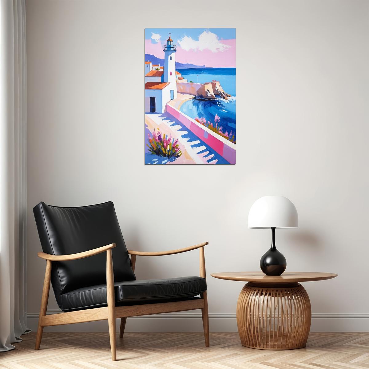 Lighthouse by the Sea Poster Wall Art Print Coastal Blue Pink Landscape Decor Mediterranean Travel-Inspired Style - xonomax