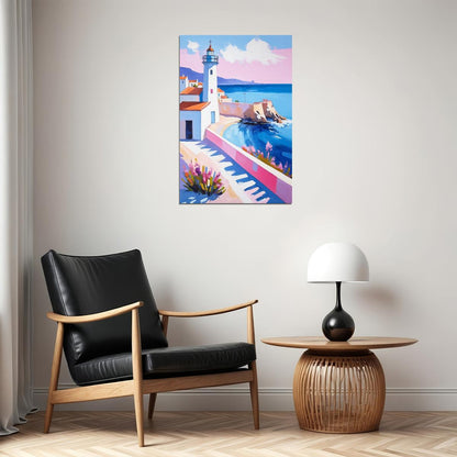 Lighthouse by the Sea Poster Wall Art Print Coastal Blue Pink Landscape Decor Mediterranean Travel-Inspired Style - xonomax