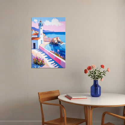 Lighthouse by the Sea Poster Wall Art Print Coastal Blue Pink Landscape Decor Mediterranean Travel-Inspired Style - xonomax