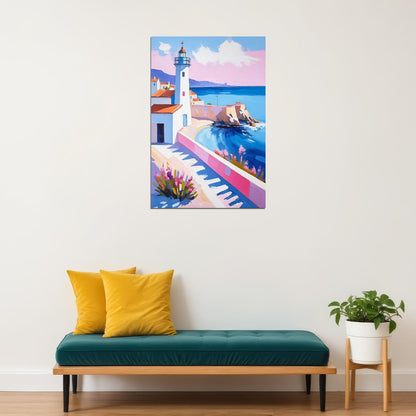 Lighthouse by the Sea Poster Wall Art Print Coastal Blue Pink Landscape Decor Mediterranean Travel-Inspired Style - xonomax