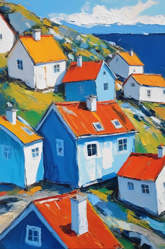 Colorful Coastal Village Poster Wall Art Print Mediterranean Landscape Decor Blue Red Houses Vibrant Travel-Inspired Style - xonomax