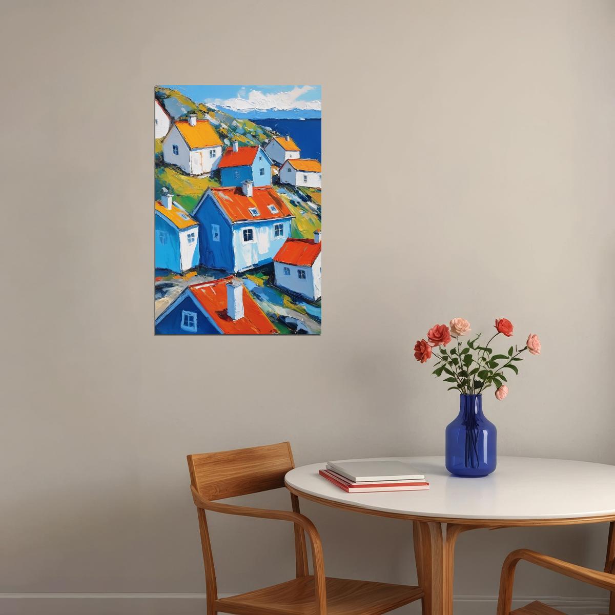 Colorful Coastal Village Poster Wall Art Print Mediterranean Landscape Decor Blue Red Houses Vibrant Travel-Inspired Style - xonomax