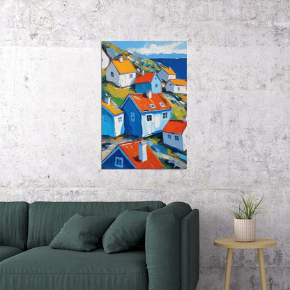 Colorful Coastal Village Poster Wall Art Print Mediterranean Landscape Decor Blue Red Houses Vibrant Travel-Inspired Style - xonomax