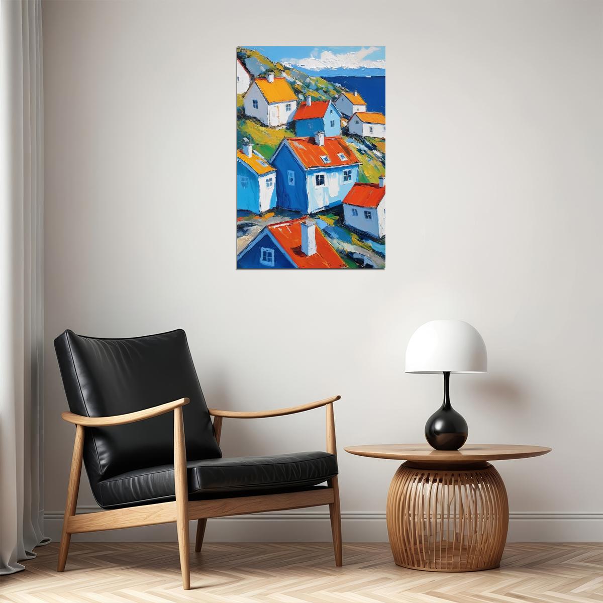 Colorful Coastal Village Poster Wall Art Print Mediterranean Landscape Decor Blue Red Houses Vibrant Travel-Inspired Style - xonomax