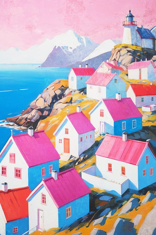 Pink Lighthouse Coastal Village Poster Wall Art Print Mediterranean Scene Decor Colorful Architecture Beach Home Decor - xonomax