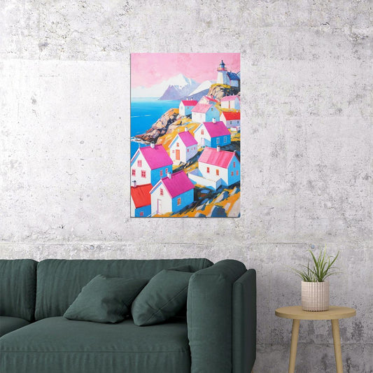 Pink Lighthouse Coastal Village Poster Wall Art Print Mediterranean Scene Decor Colorful Architecture Beach Home Decor - xonomax