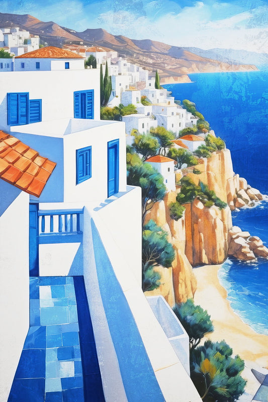 Greek Island Cliffside View Poster Wall Art Print Bright Blue Architecture Coastal Landscape Decor Scenic Mediterranean Style - xonomax