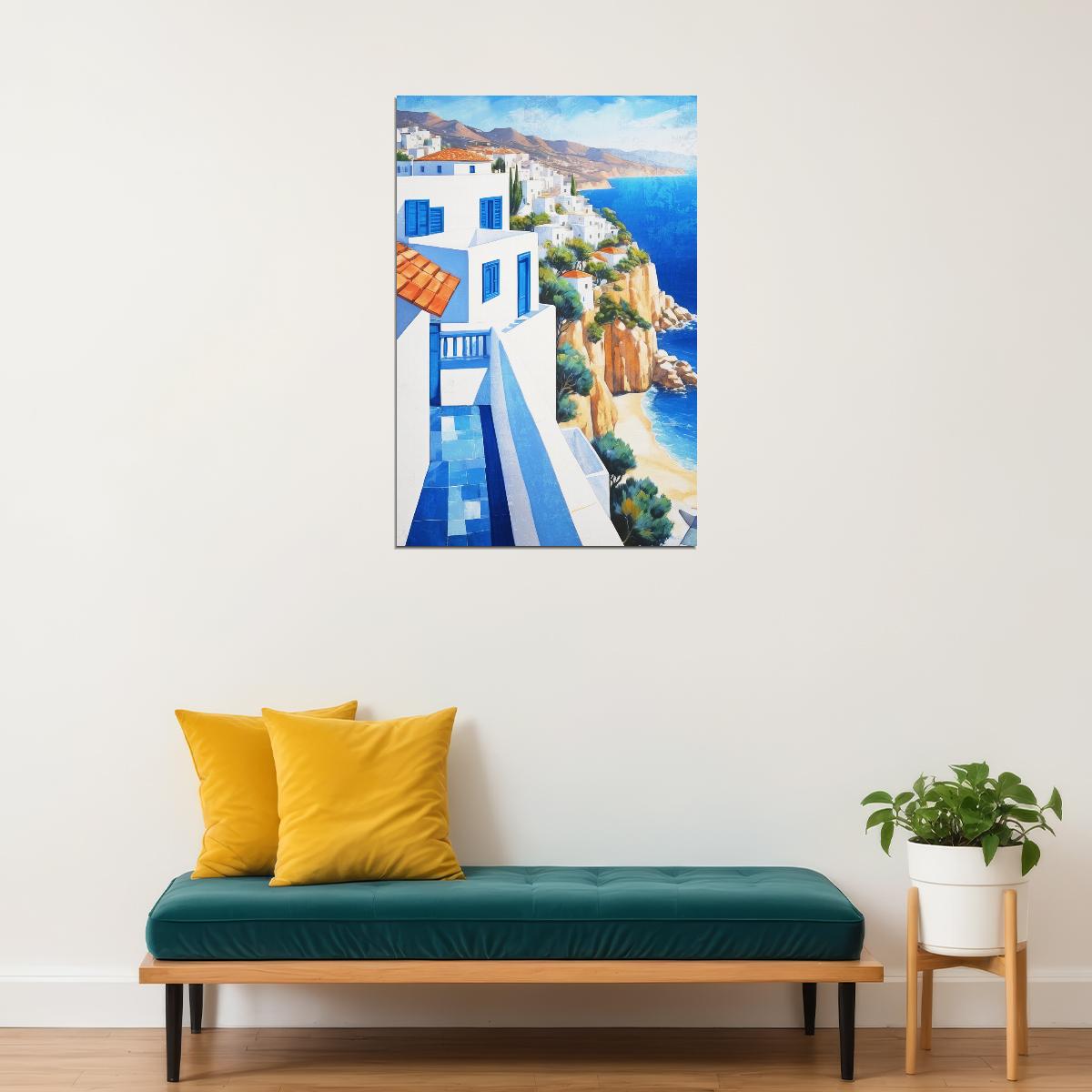 Greek Island Cliffside View Poster Wall Art Print Bright Blue Architecture Coastal Landscape Decor Scenic Mediterranean Style - xonomax