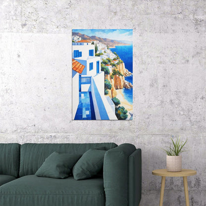 Greek Island Cliffside View Poster Wall Art Print Bright Blue Architecture Coastal Landscape Decor Scenic Mediterranean Style - xonomax