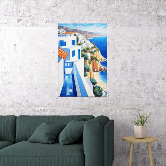 Greek Island Cliffside View Poster Wall Art Print Bright Blue Architecture Coastal Landscape Decor Scenic Mediterranean Style - xonomax