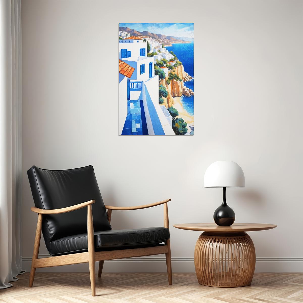 Greek Island Cliffside View Poster Wall Art Print Bright Blue Architecture Coastal Landscape Decor Scenic Mediterranean Style - xonomax