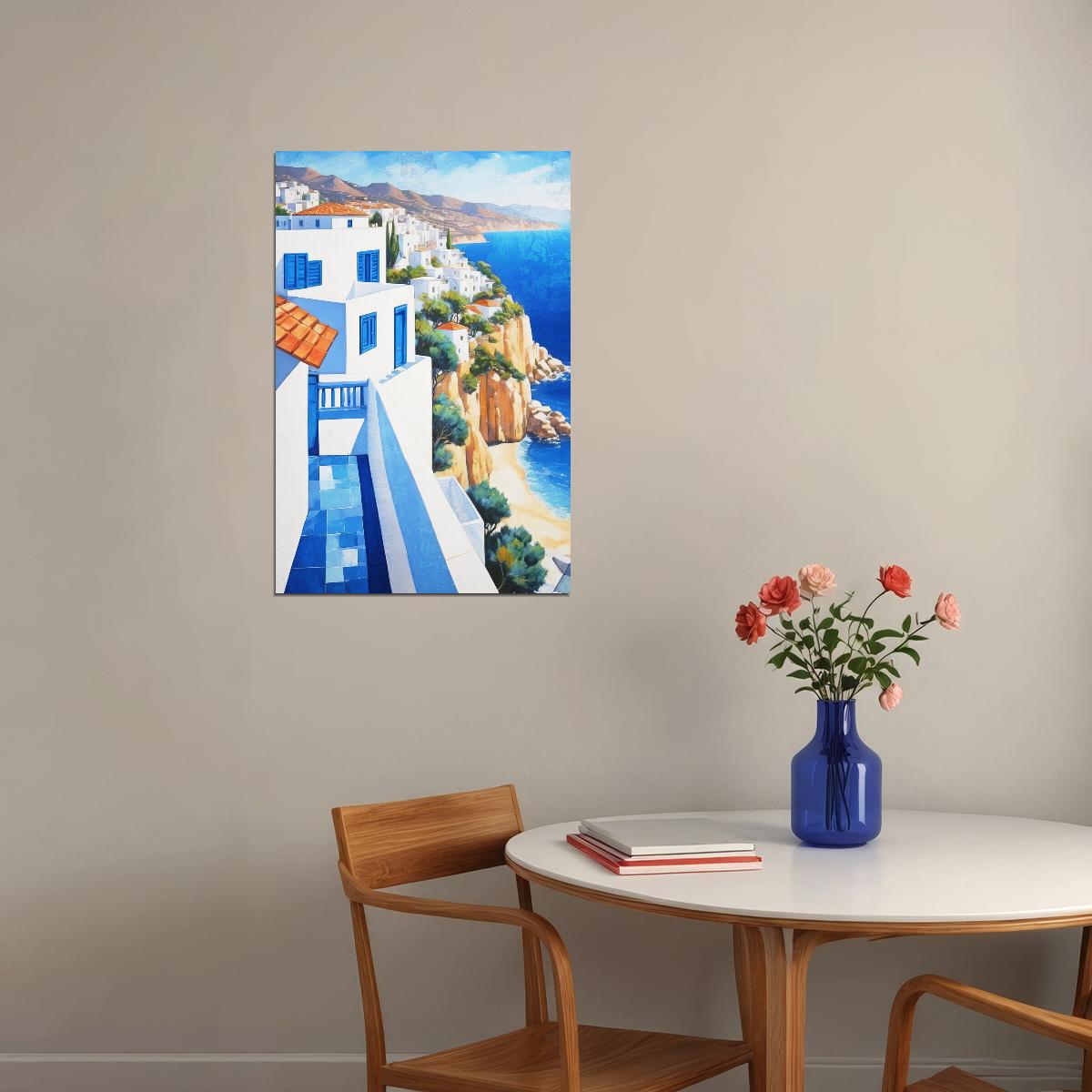 Greek Island Cliffside View Poster Wall Art Print Bright Blue Architecture Coastal Landscape Decor Scenic Mediterranean Style - xonomax