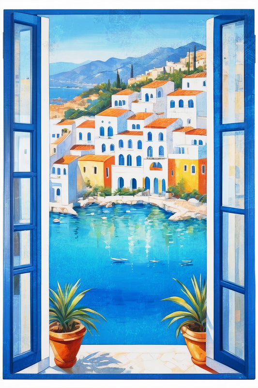 Mediterranean Window Scene Poster Wall Art Print Vibrant Coastal Village View Blue Accents Living Room Decor - xonomax