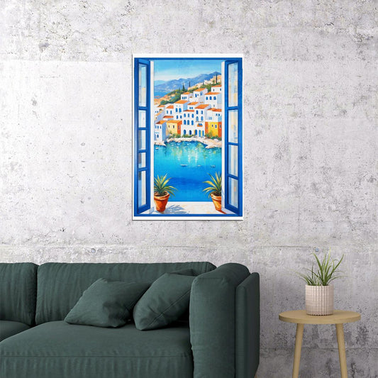 Mediterranean Window Scene Poster Wall Art Print Vibrant Coastal Village View Blue Accents Living Room Decor - xonomax