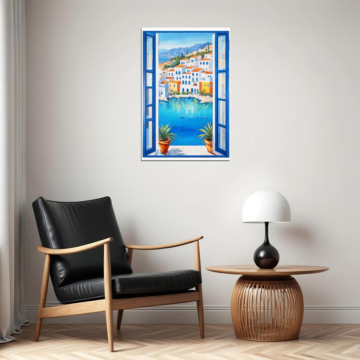 Mediterranean Window Scene Poster Wall Art Print Vibrant Coastal Village View Blue Accents Living Room Decor - xonomax