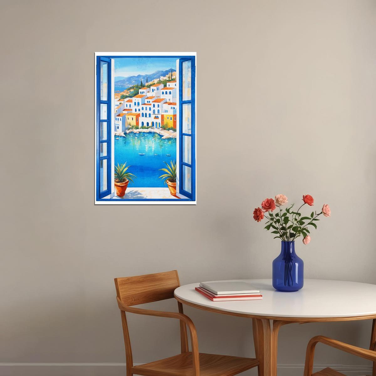 Mediterranean Window Scene Poster Wall Art Print Vibrant Coastal Village View Blue Accents Living Room Decor - xonomax