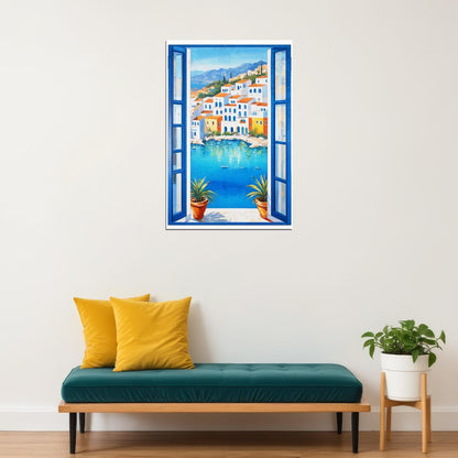 Mediterranean Window Scene Poster Wall Art Print Vibrant Coastal Village View Blue Accents Living Room Decor - xonomax