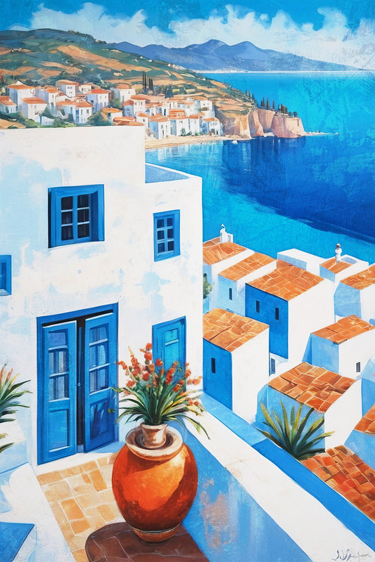 Classic Greek Island Village Poster Wall Art Print Bright White Blue Architecture Scenic Coastal Decor Travel Enthusiasts - xonomax