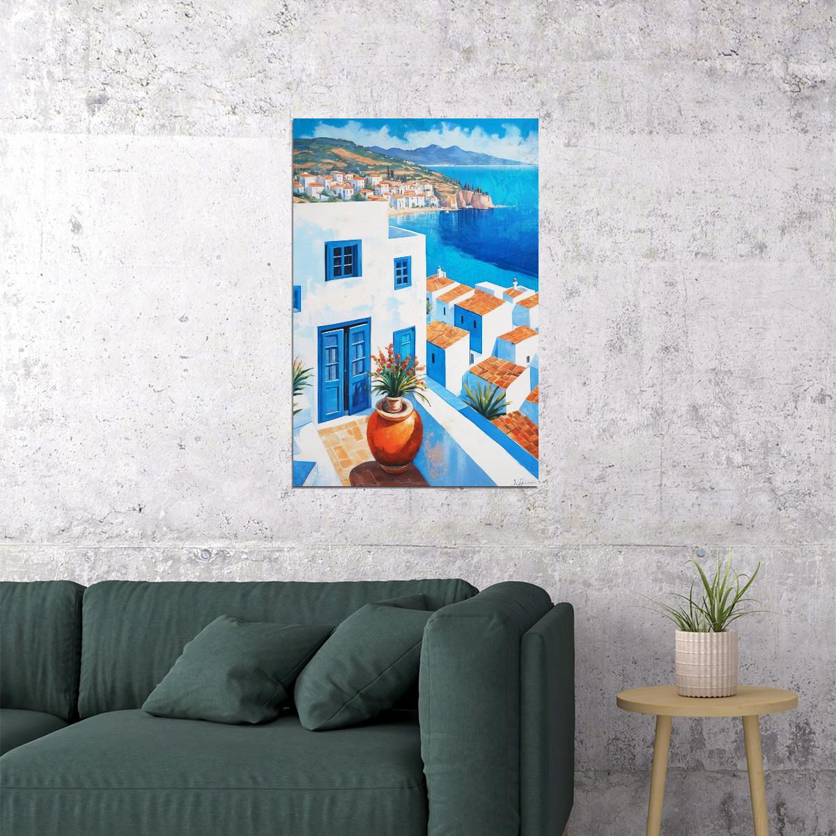 Classic Greek Island Village Poster Wall Art Print Bright White Blue Architecture Scenic Coastal Decor Travel Enthusiasts - xonomax