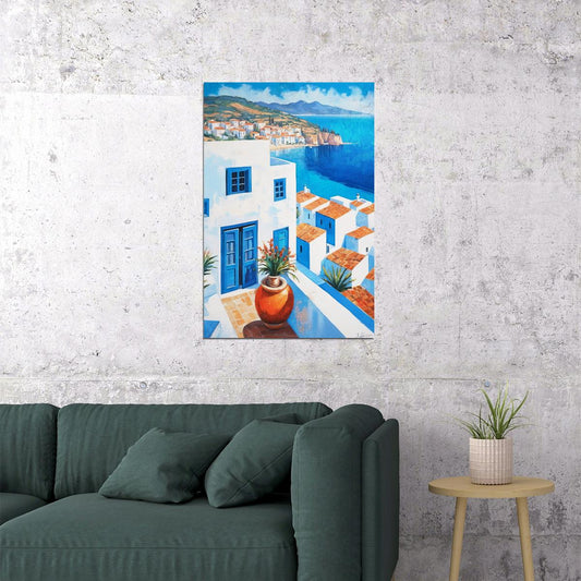 Classic Greek Island Village Poster Wall Art Print Bright White Blue Architecture Scenic Coastal Decor Travel Enthusiasts - xonomax