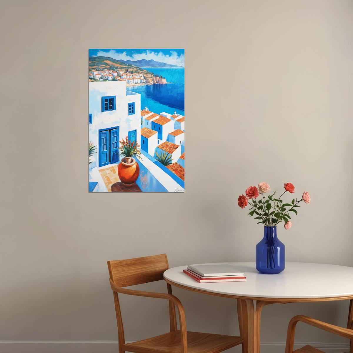 Classic Greek Island Village Poster Wall Art Print Bright White Blue Architecture Scenic Coastal Decor Travel Enthusiasts - xonomax