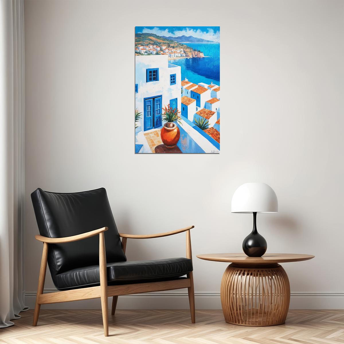 Classic Greek Island Village Poster Wall Art Print Bright White Blue Architecture Scenic Coastal Decor Travel Enthusiasts - xonomax