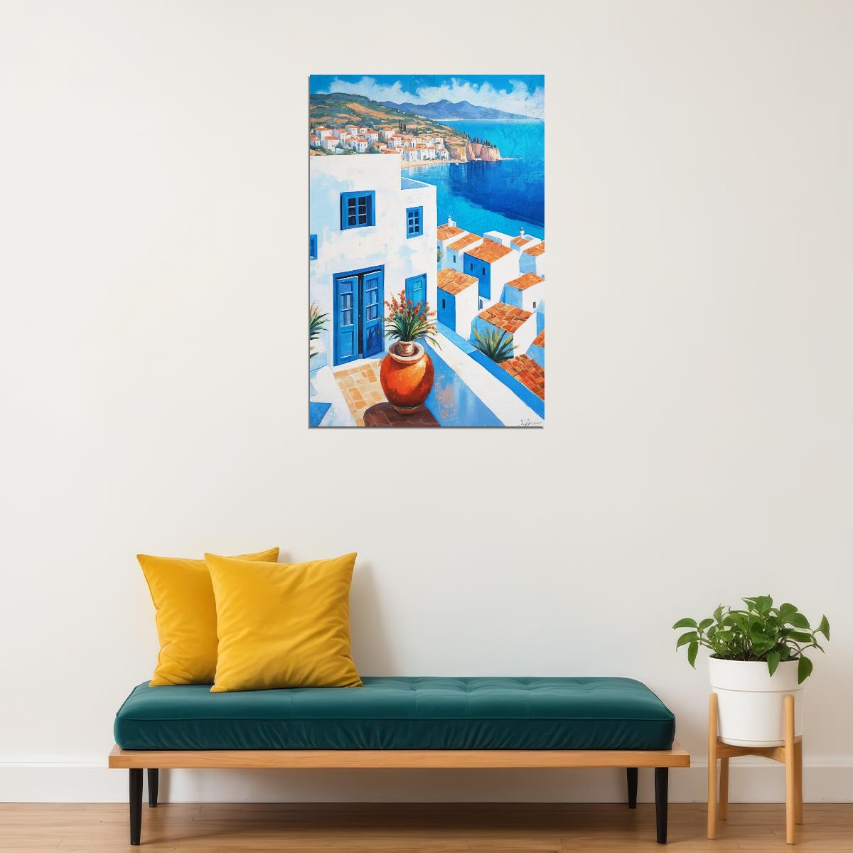 Classic Greek Island Village Poster Wall Art Print Bright White Blue Architecture Scenic Coastal Decor Travel Enthusiasts - xonomax