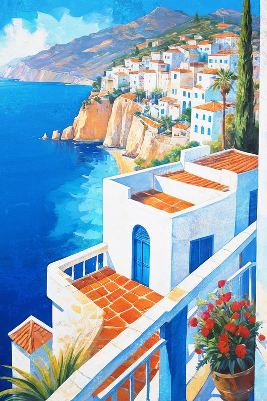 Hillside Mediterranean Village Poster Wall Art Print Scenic Blue Sea View Colorful Decor Home and Travel Lovers - xonomax