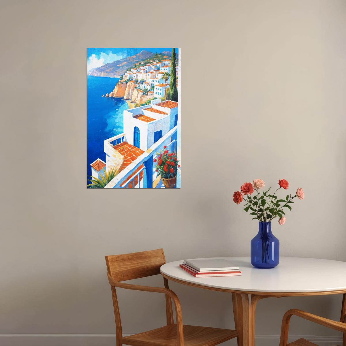 Hillside Mediterranean Village Poster Wall Art Print Scenic Blue Sea View Colorful Decor Home and Travel Lovers - xonomax