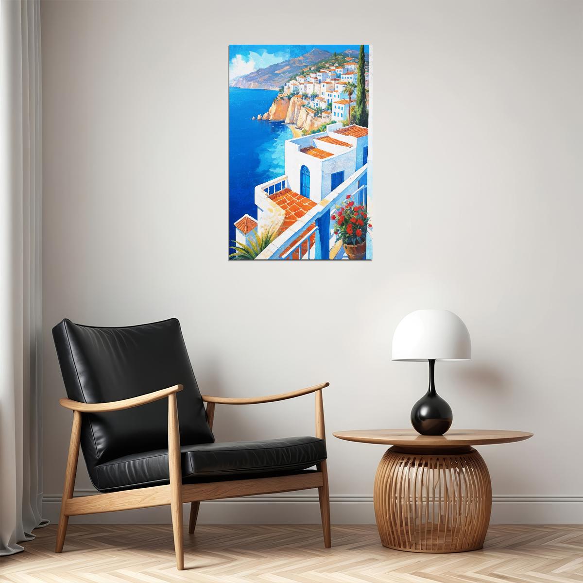 Hillside Mediterranean Village Poster Wall Art Print Scenic Blue Sea View Colorful Decor Home and Travel Lovers - xonomax