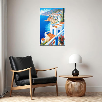 Hillside Mediterranean Village Poster Wall Art Print Scenic Blue Sea View Colorful Decor Home and Travel Lovers - xonomax
