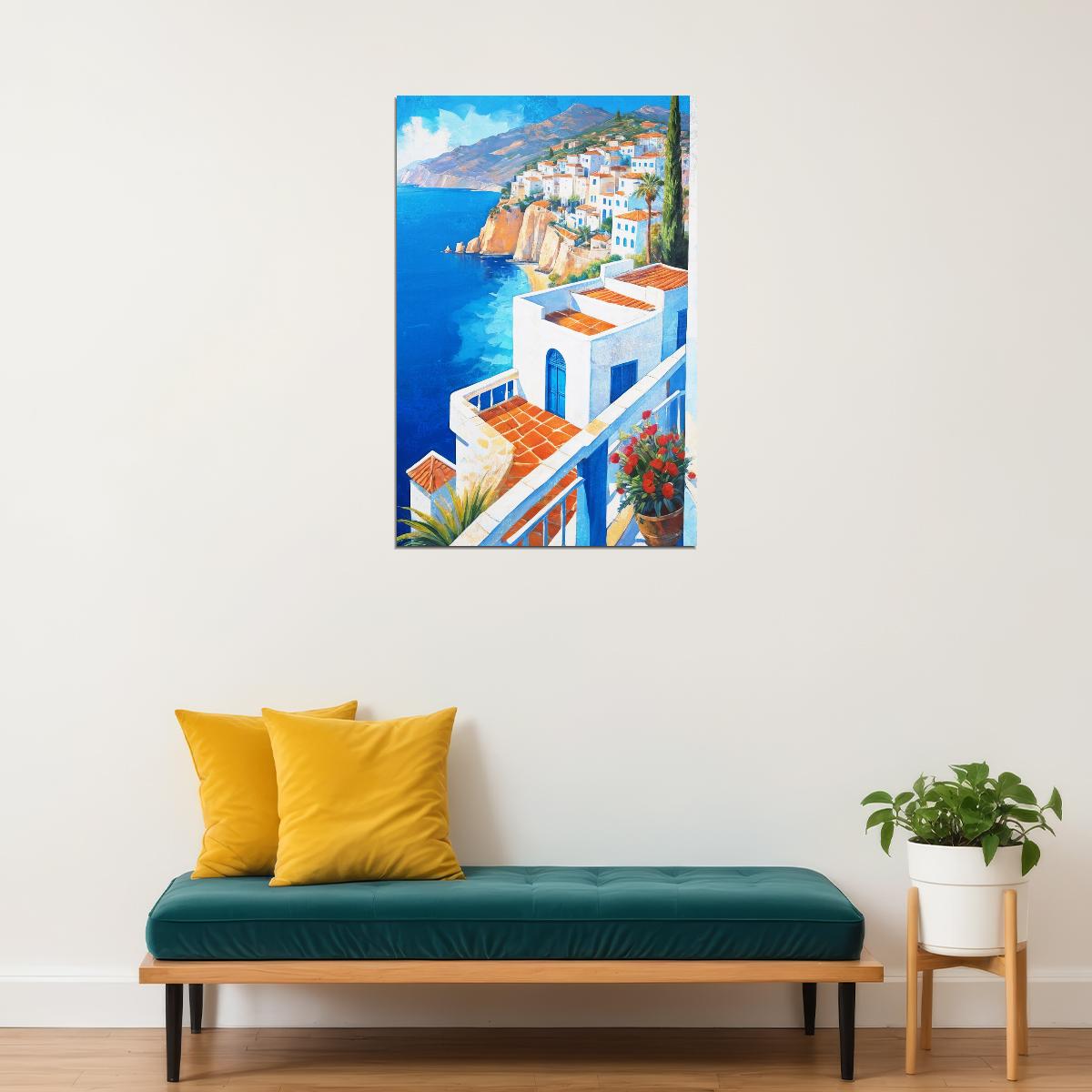 Hillside Mediterranean Village Poster Wall Art Print Scenic Blue Sea View Colorful Decor Home and Travel Lovers - xonomax