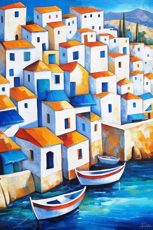 Boats and Houses Coastal Poster Wall Art Print Colorful Mediterranean Village Decor Scenic Sea View Nautical Decor - xonomax