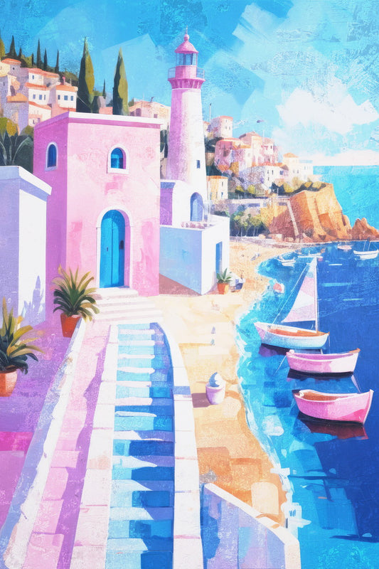 Pink Coastal Pathway Poster Wall Art Print Vibrant Lighthouse Beach Scene Whimsical Mediterranean Decor Summer Vibe - xonomax